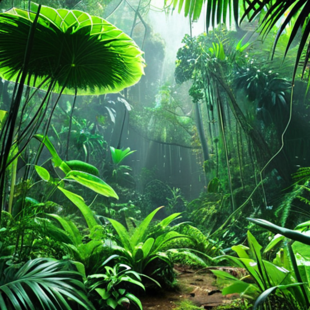 **A lush Vietnamese jungle scene, showcasing vibrant green foliage. Focus on the interconnectedness of plants, with subtle chemical signals visualized as glowing particles between them. Include researchers with advanced technology, studying these plant communications.**