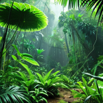 **A lush Vietnamese jungle scene, showcasing vibrant green foliage. Focus on the interconnectedness of plants, with subtle chemical signals visualized as glowing particles between them. Include researchers with advanced technology, studying these plant communications.**