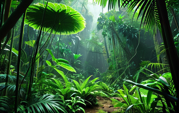 **A lush Vietnamese jungle scene, showcasing vibrant green foliage. Focus on the interconnectedness of plants, with subtle chemical signals visualized as glowing particles between them. Include researchers with advanced technology, studying these plant communications.**